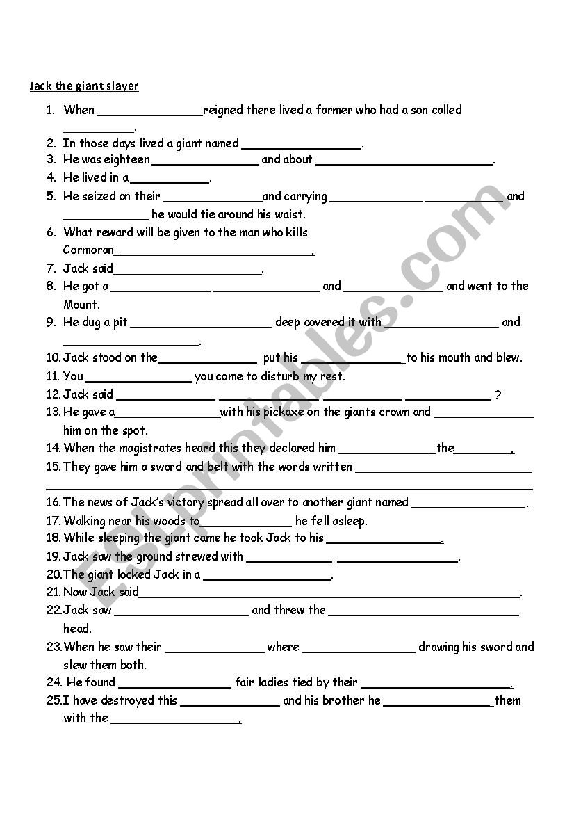 Jack the Giant Slayer worksheet