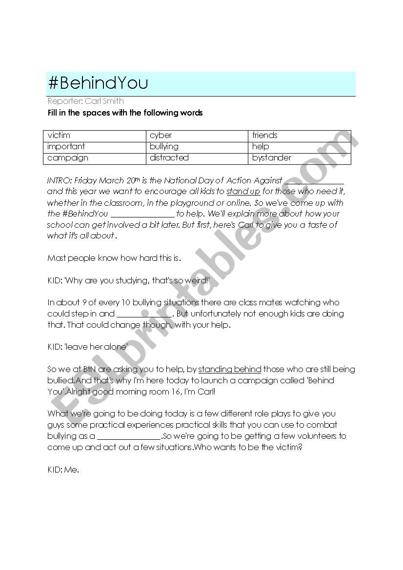 Behind You - Bullying worksheet