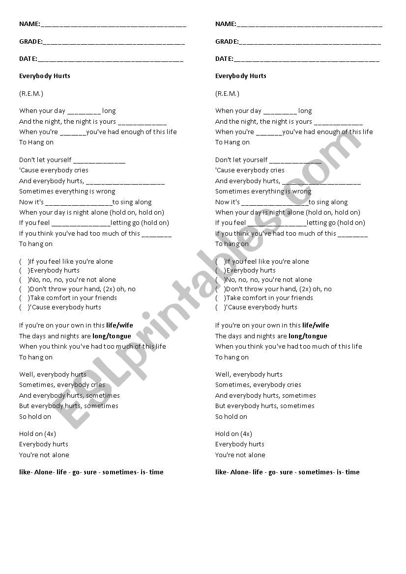 Everybody hurts worksheet