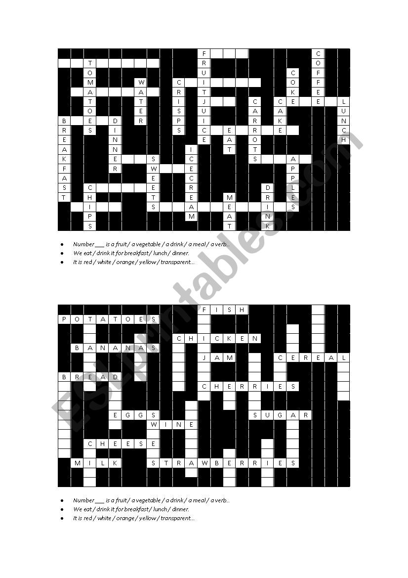 Food crossword pairwork worksheet