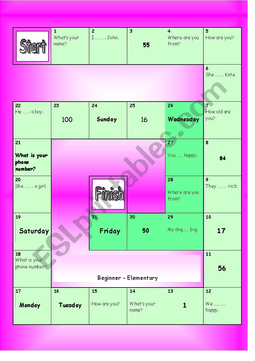 Board game for beginners worksheet