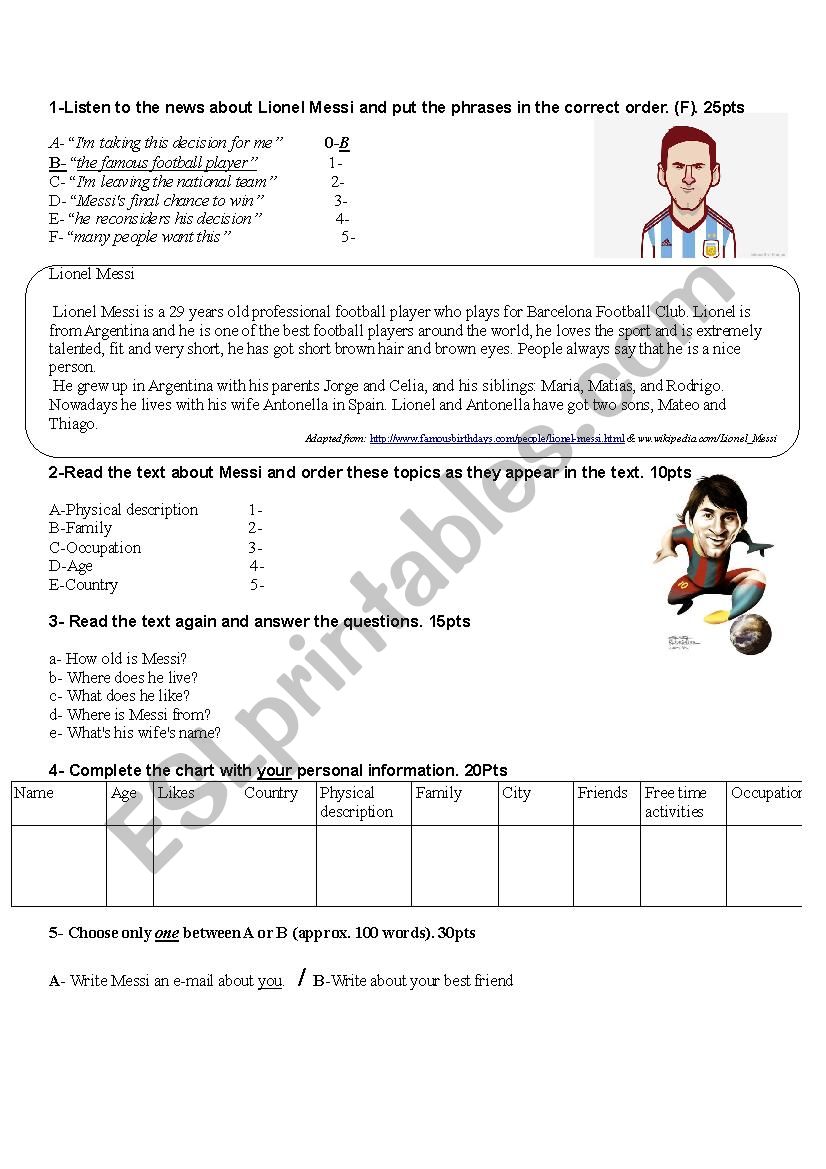 Lionel Messi Worksheet worksheet