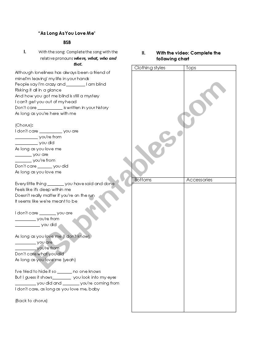 Song Worksheet worksheet