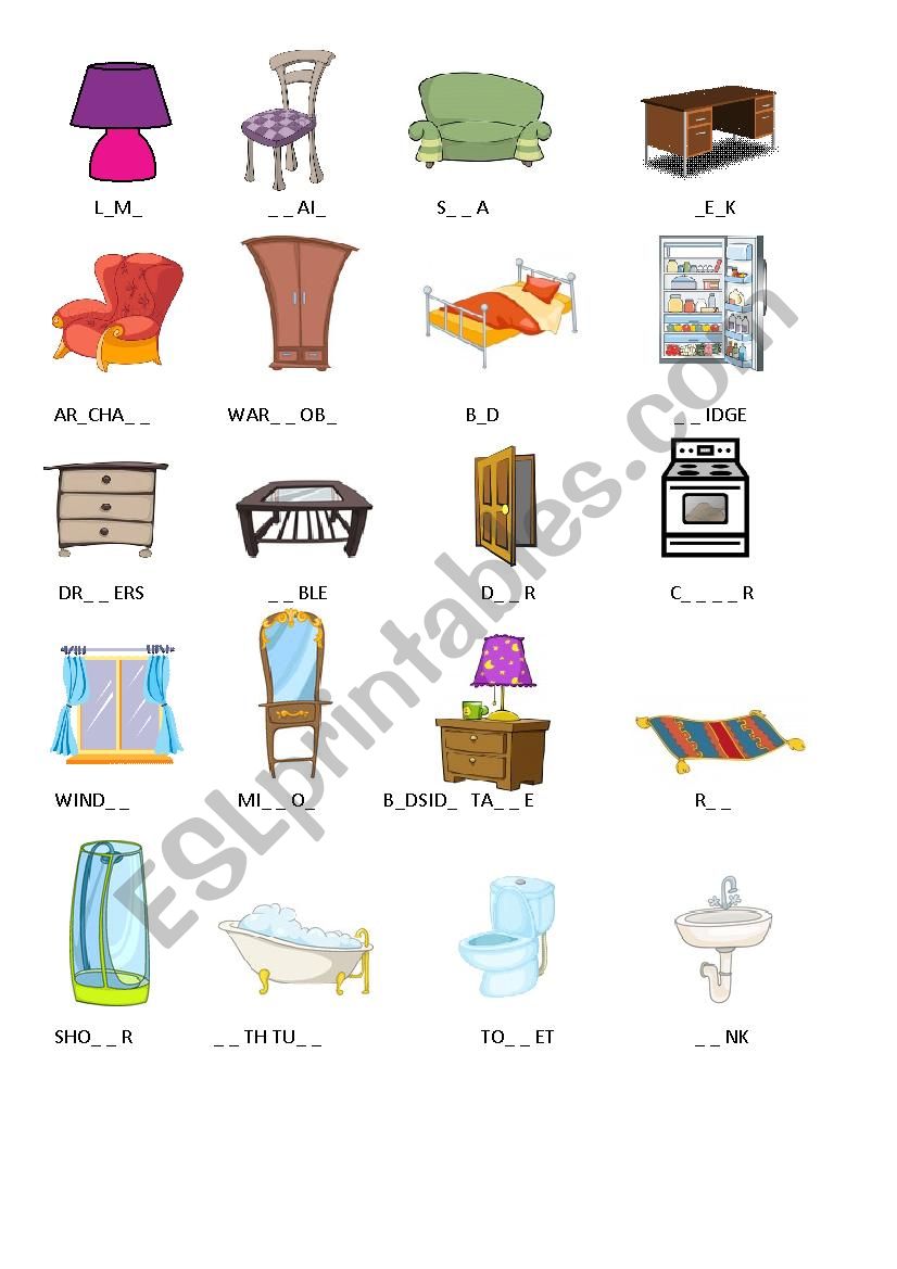 Furniture missing letters worksheet