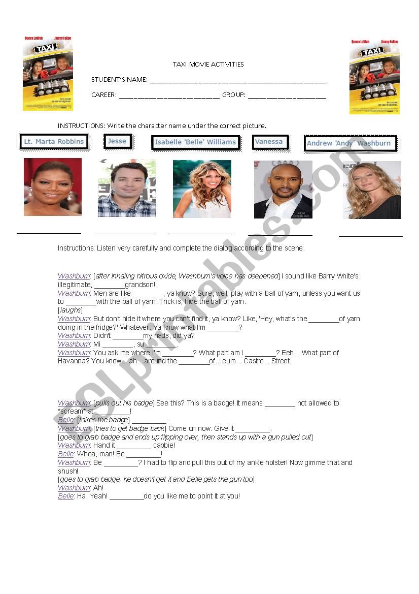 TAXI MOVIE WORKSHEET worksheet