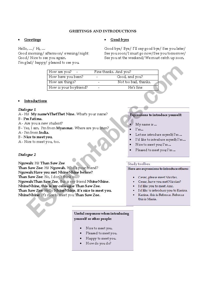 Greetings worksheet