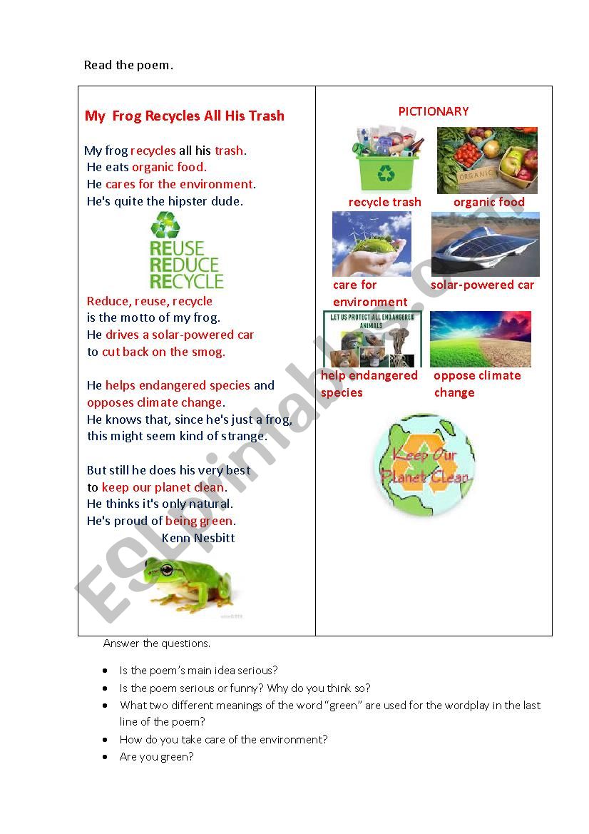 MY FROG (a poem+ questions) worksheet