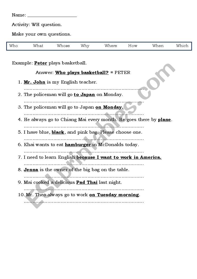 WH question activity worksheet