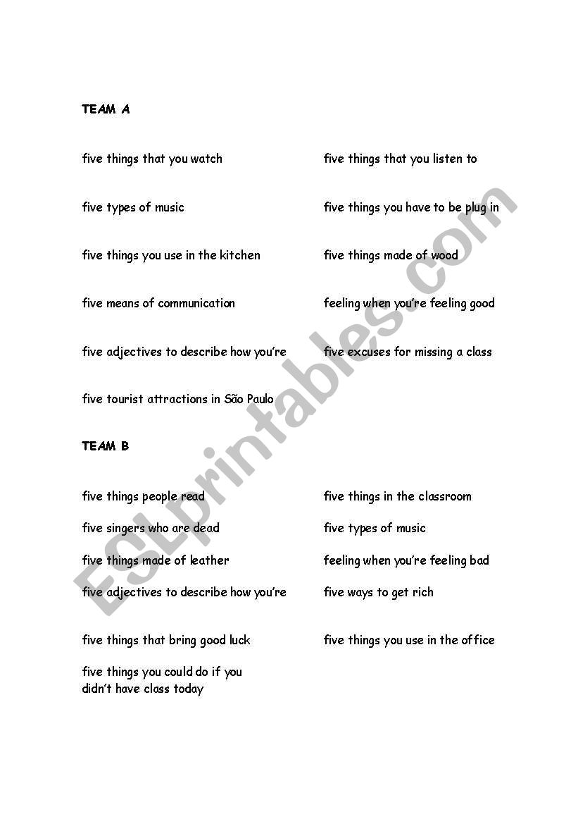 5 THINGS worksheet