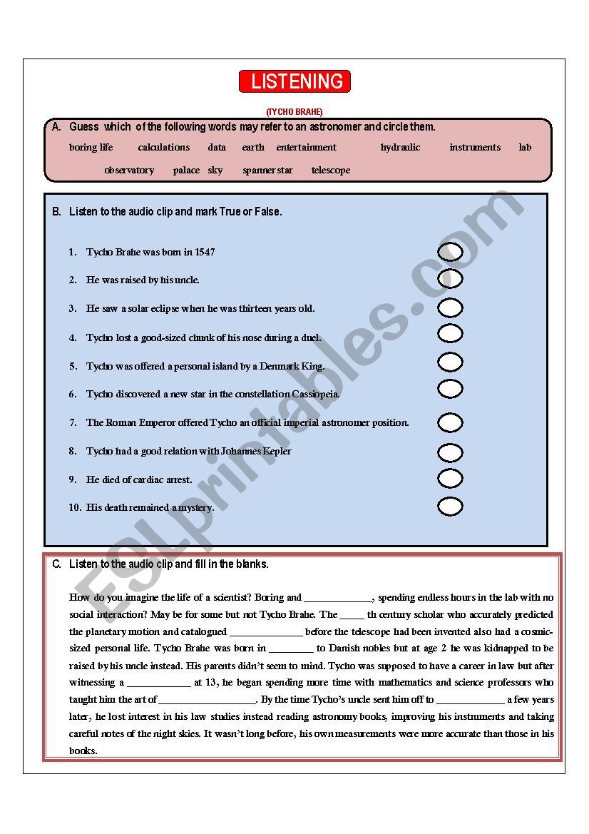 LISTENING SKILLS:TYCHO BRAHE worksheet