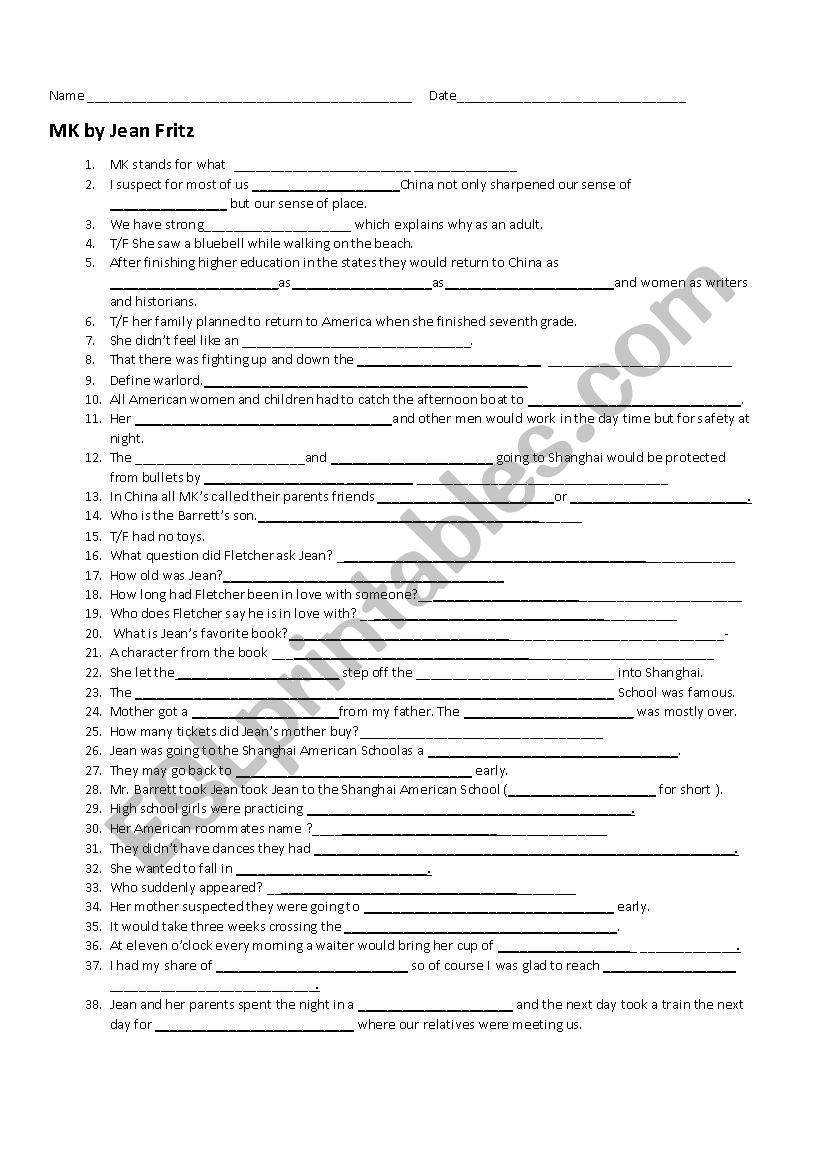 MK bt Jean Fritz worksheet