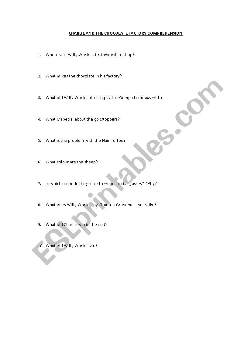 Comprehension question sheet for Charlie and the Chocolate Factory