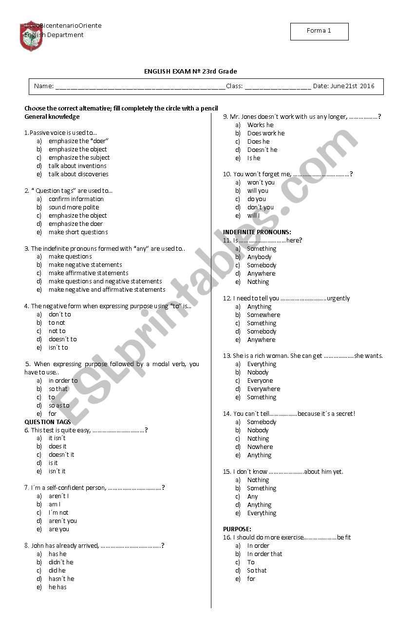 exam worksheet