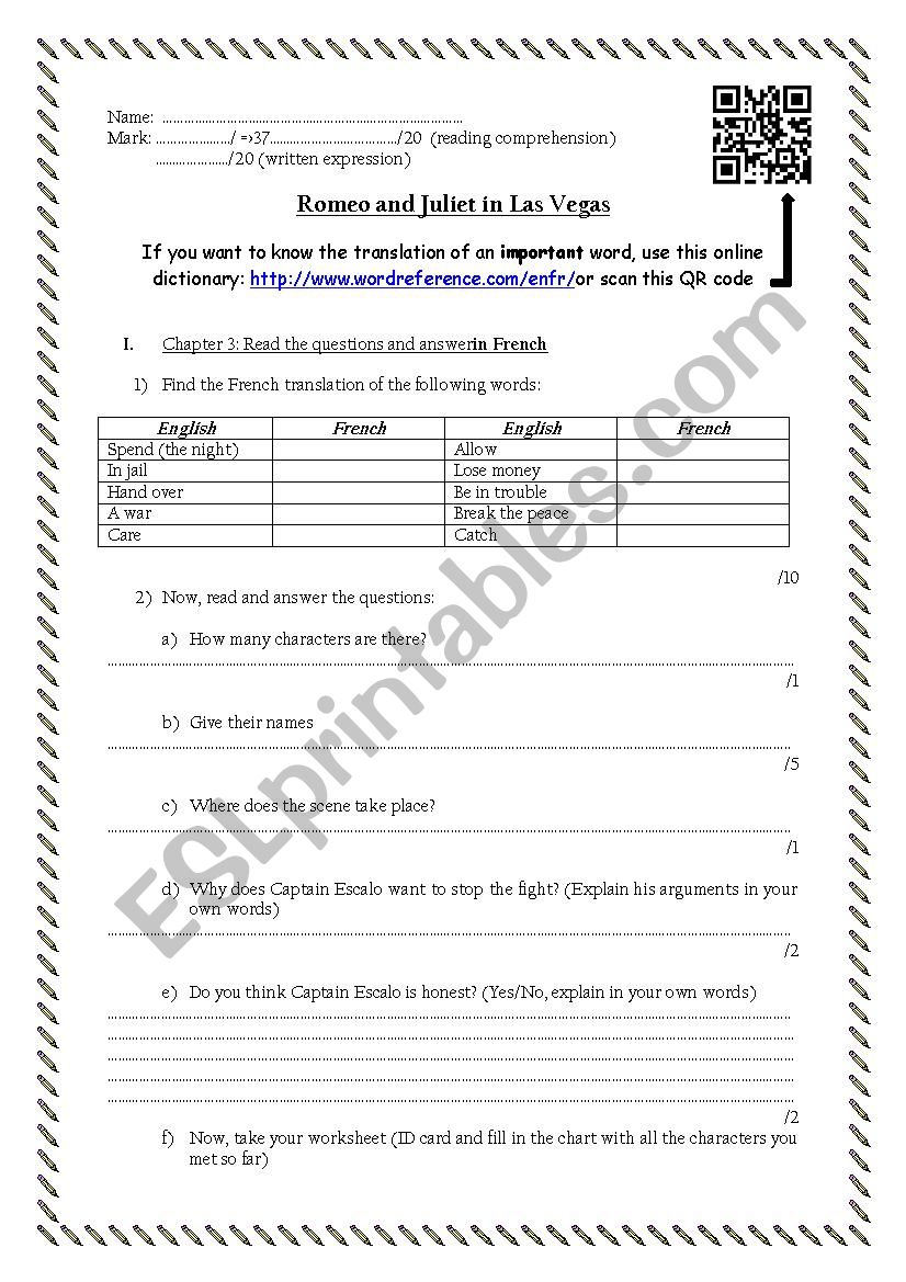Romeo and Juliet in Las Vegas reading worksheet #3 (chapter 3 and 4)
