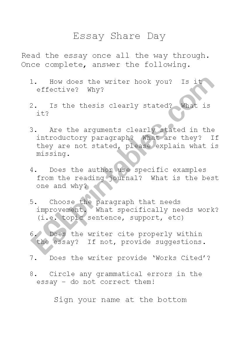 Peer Editing Guidelines worksheet