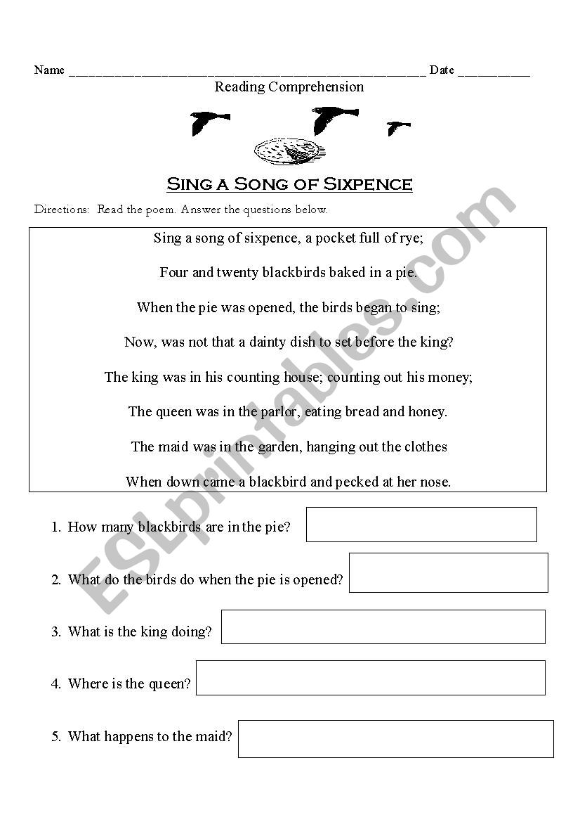 Sing a Song of Sixpence- Reading Comp