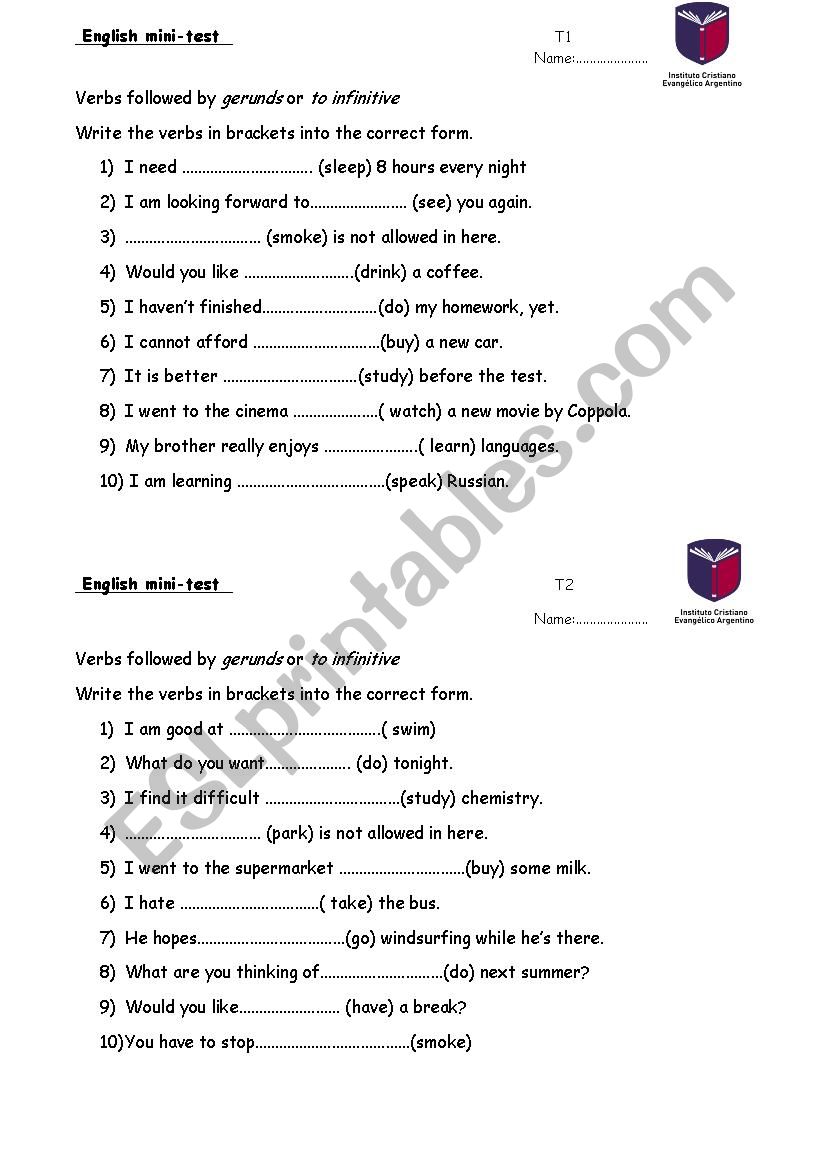 Mini test Gerunds and Infinitives