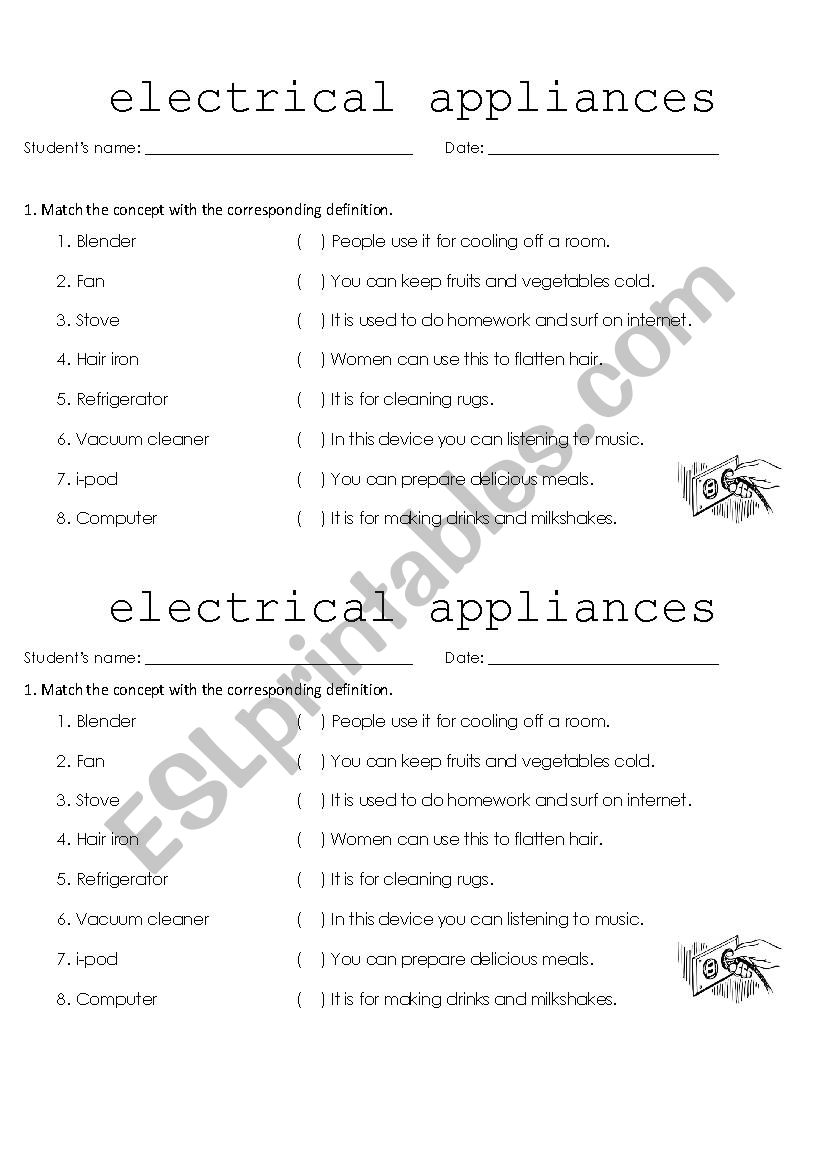 Electriccal Appliances worksheet