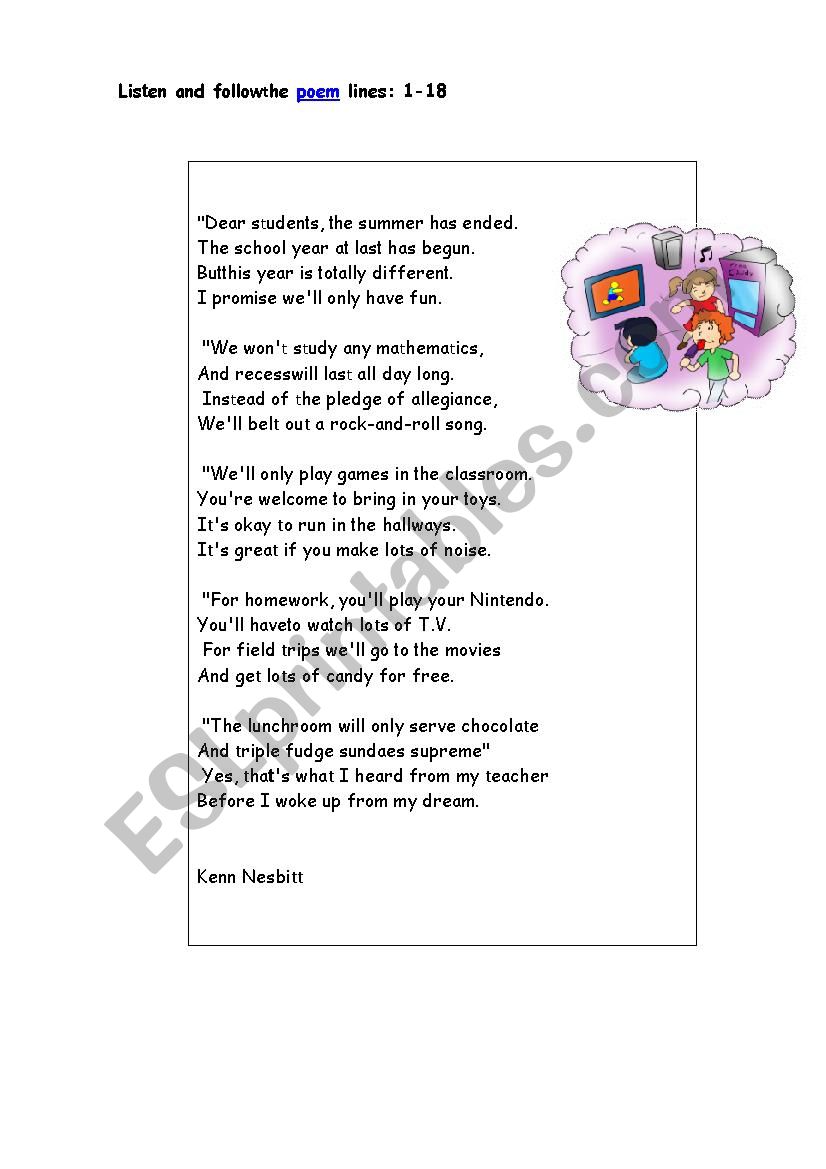 poem: Welcome Back to School  worksheet