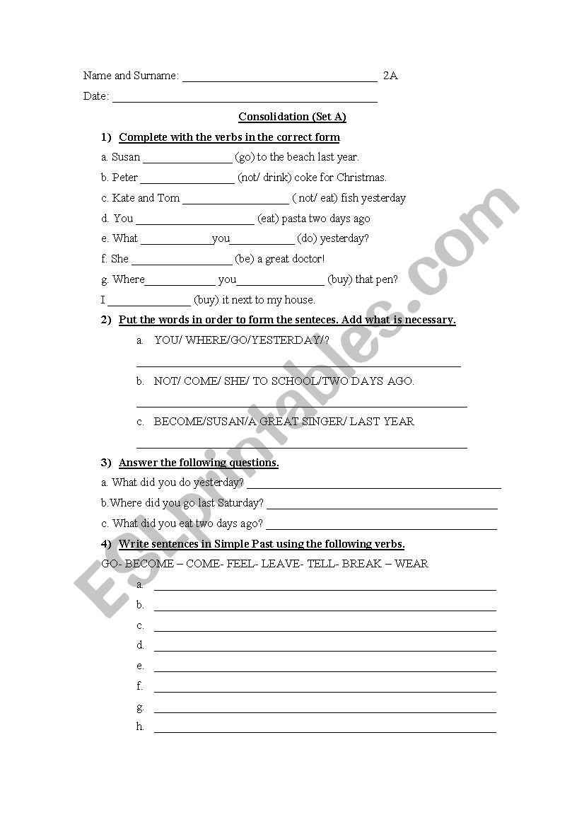 SIMPLE PAST -EXAMS worksheet