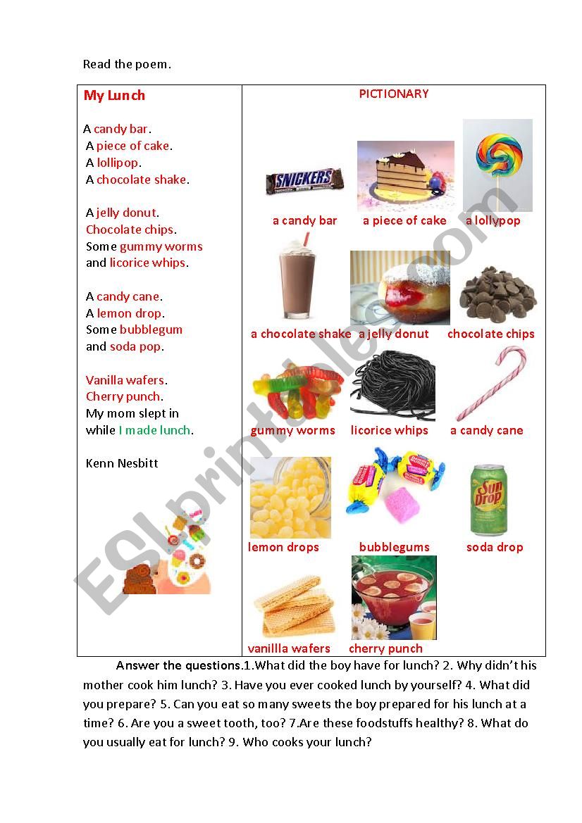 MY LUNCH (a poem + questions) worksheet