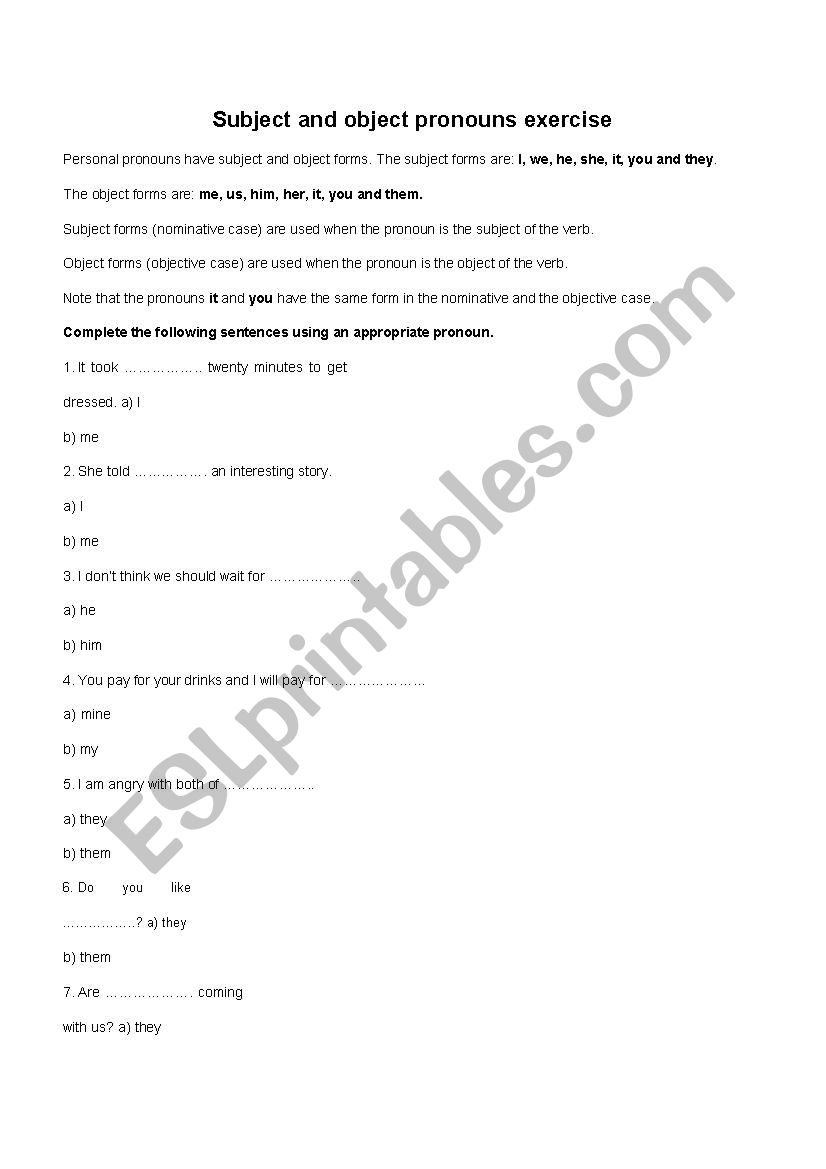 Pronouns worksheet