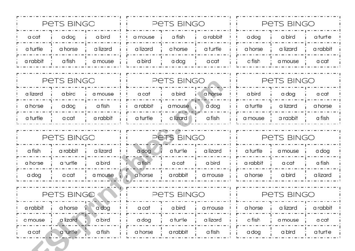Pets Bingo 9 grids worksheet