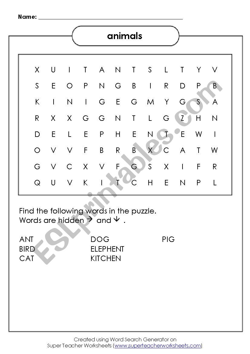 animals word search worksheet