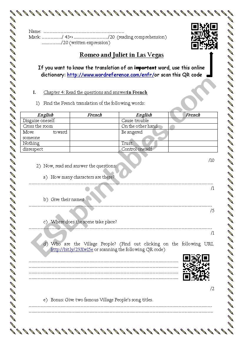 Romeo and Juliet in Las Vegas reading worksheet #4 (chapter 5 and 6)