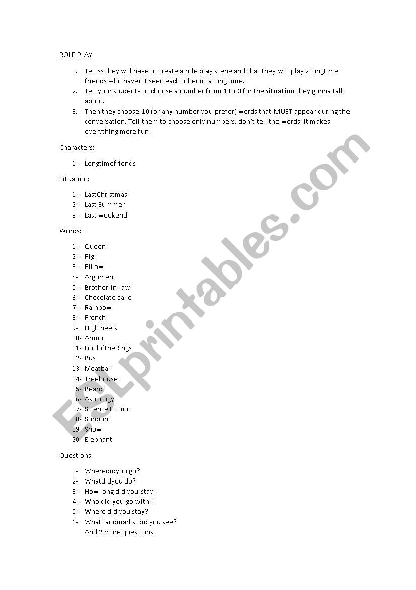 Student guided role play - simple past