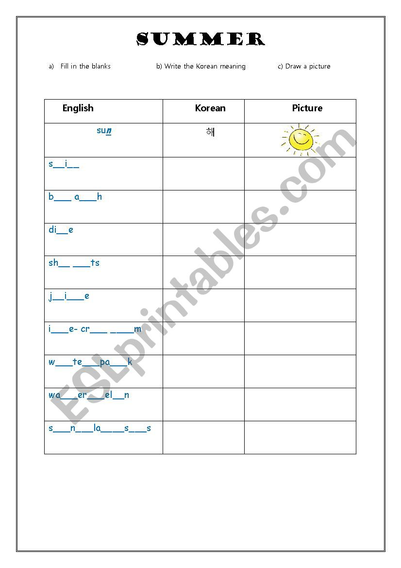Summer Fill-in-the-blanks worksheet