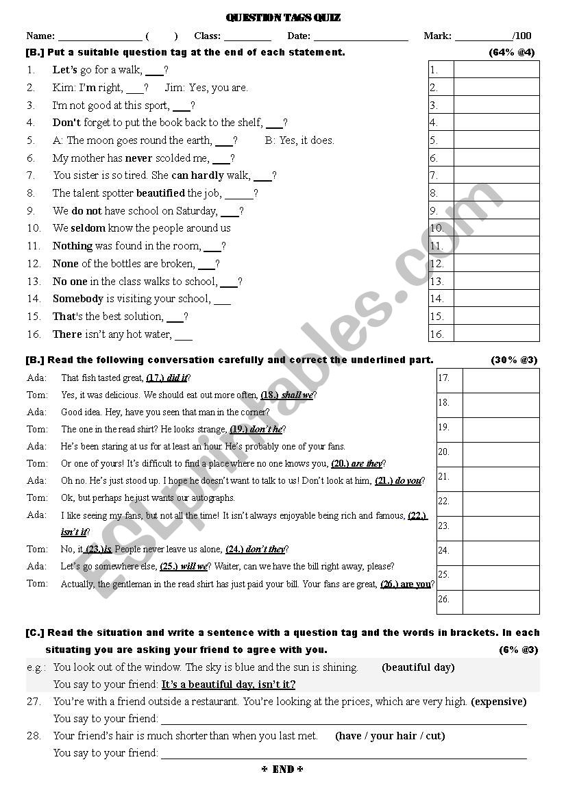 tag questions worksheet