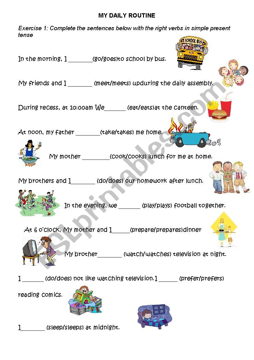Simple Present Tense Daily Routines Exercises Worksheet Pdf