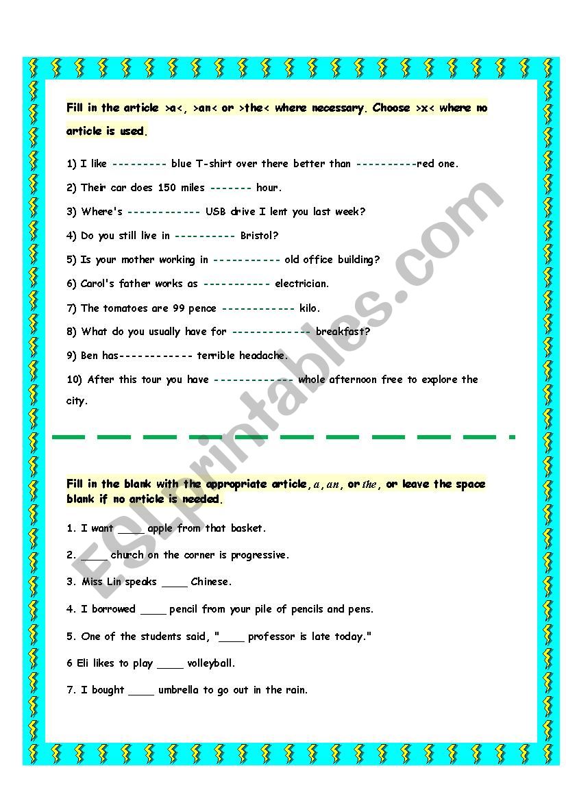 articles worksheet