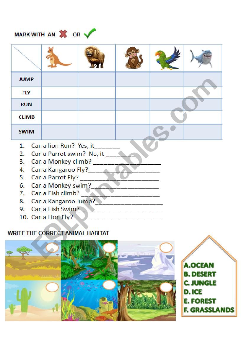 ANIMALS CAN AND HABITATS  worksheet