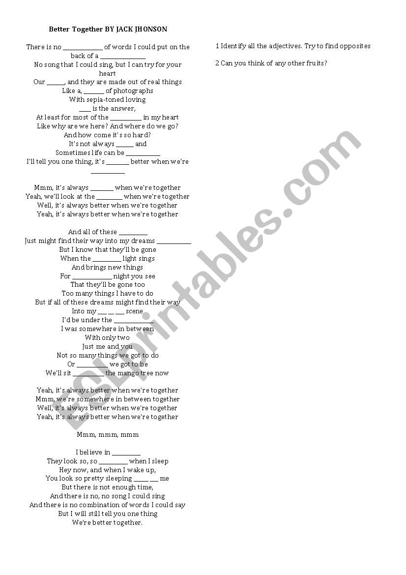 Better Together- Song worksheet