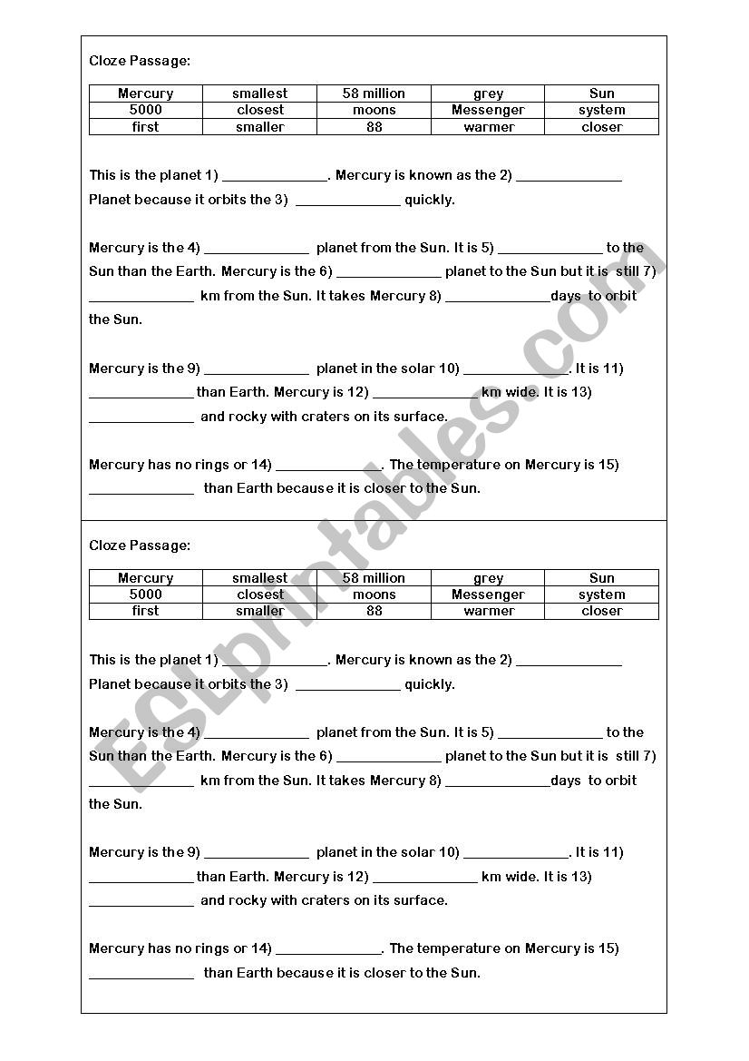 CLOZE PASSAGE ON MERCURY worksheet