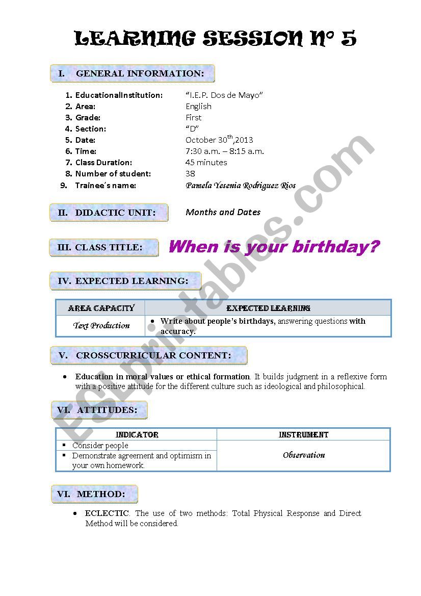 Learning Sessions - Birthday worksheet