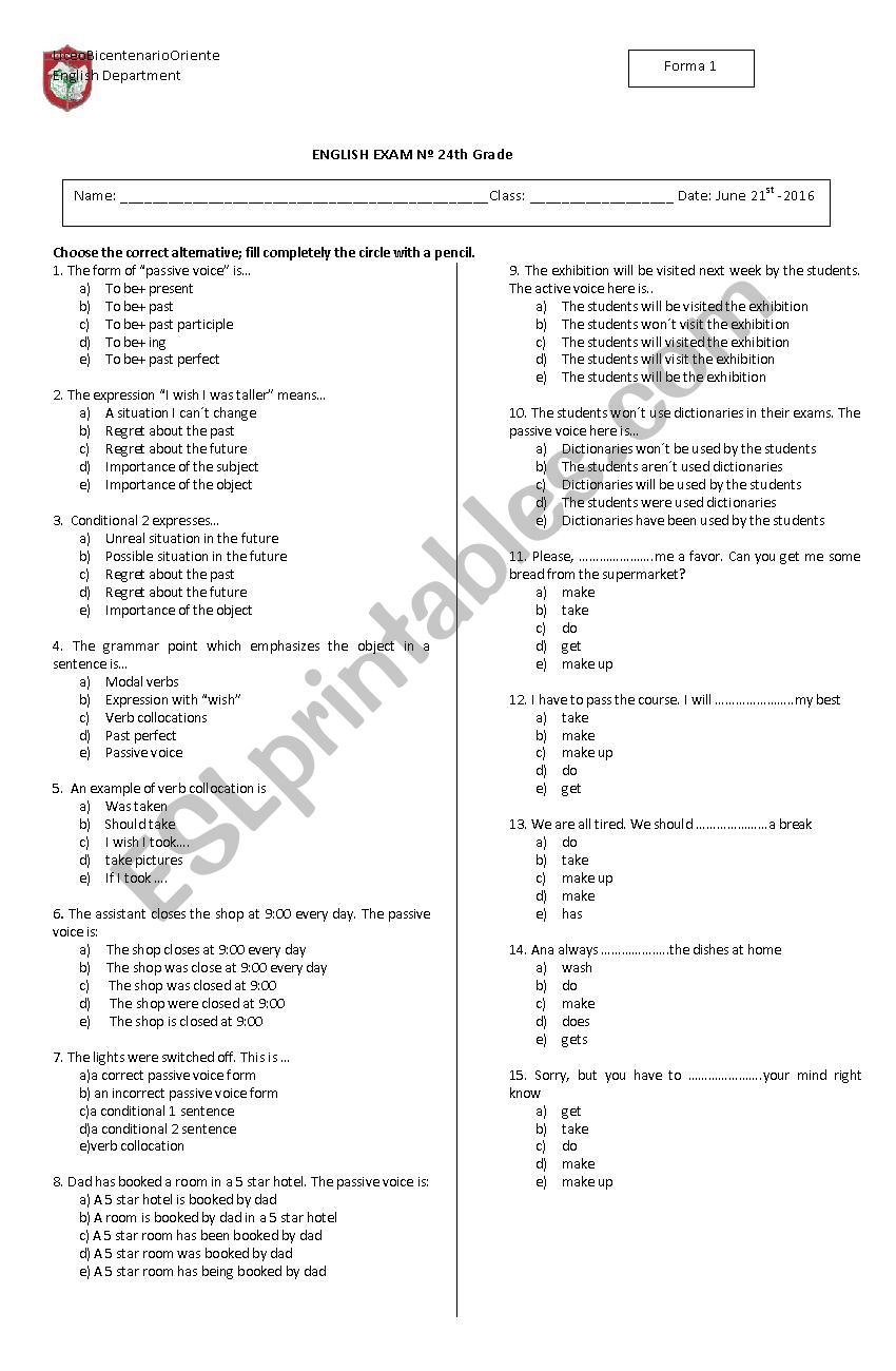 exam worksheet