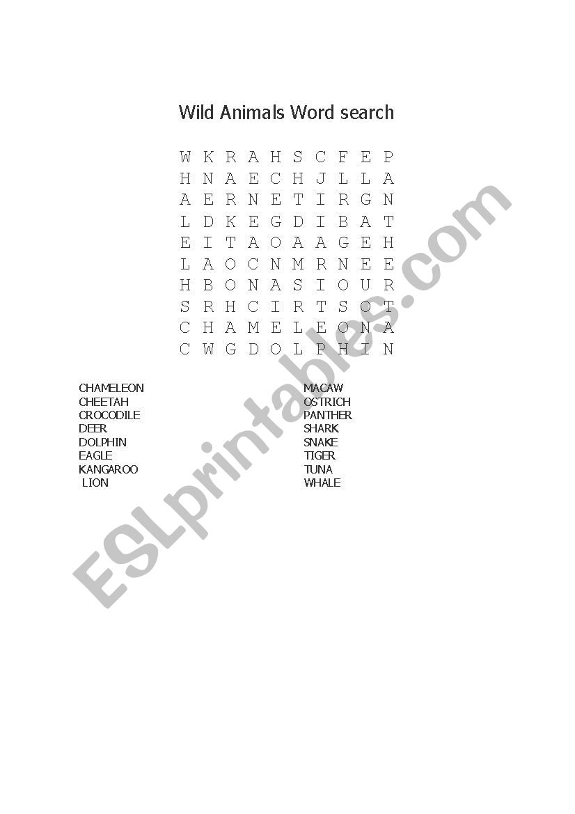 Wild animals word search worksheet