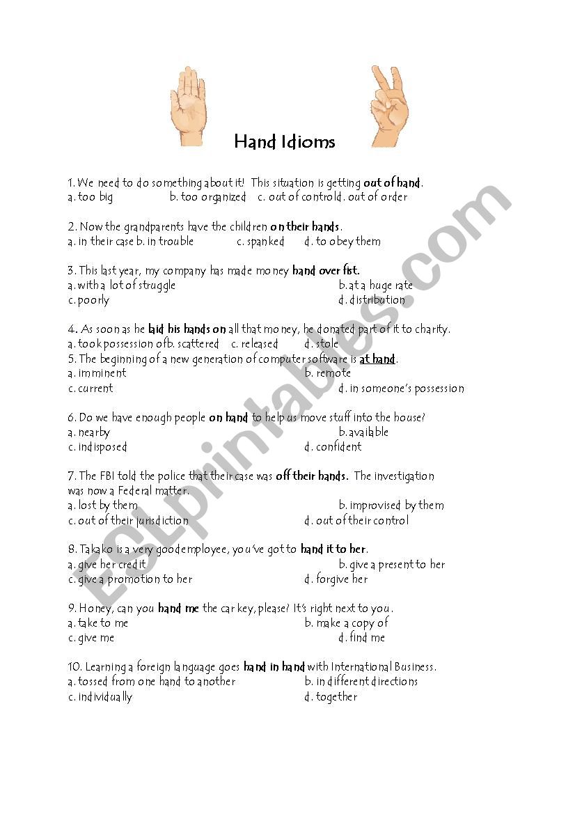 HAND IDIOMS worksheet