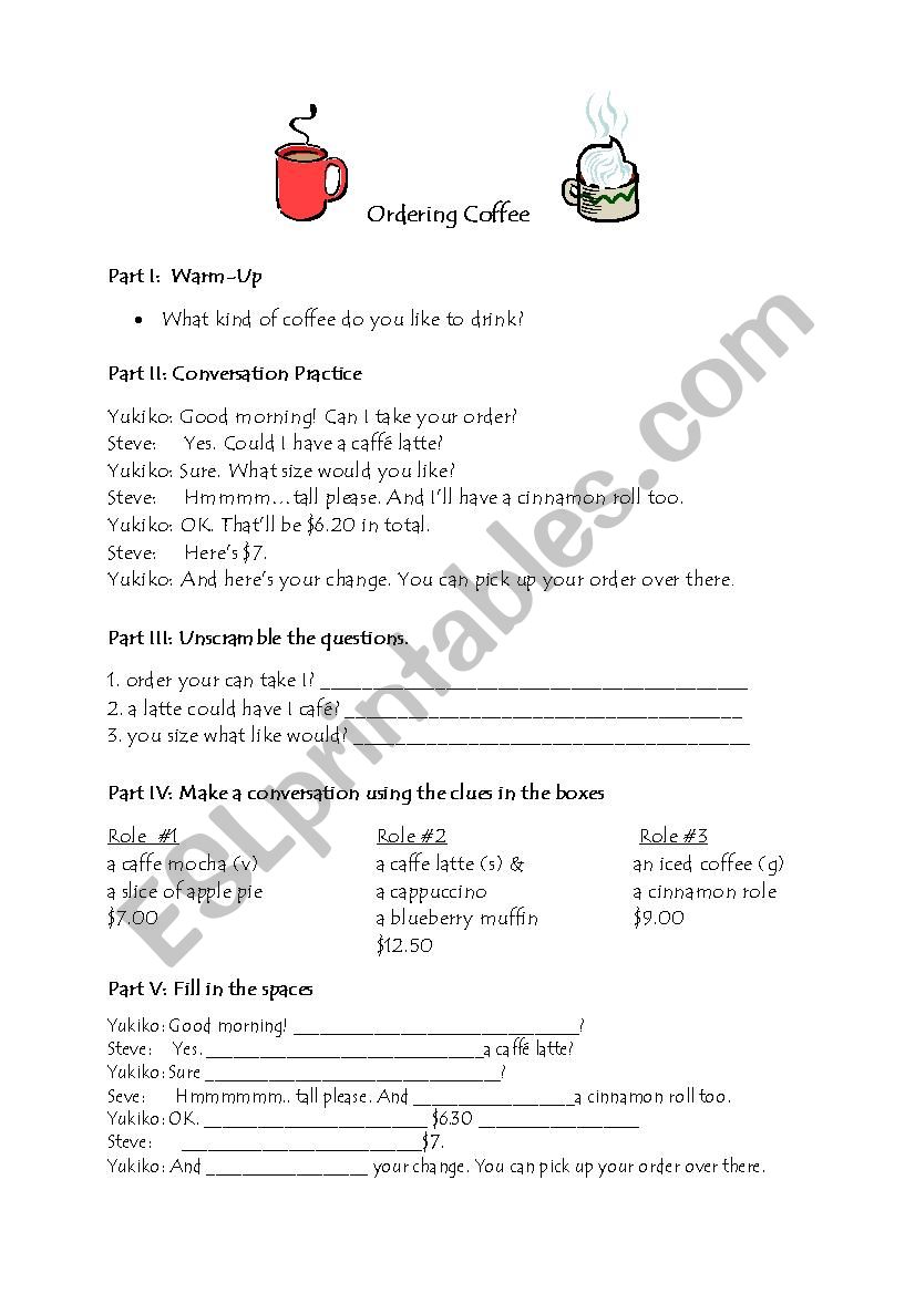 ORDERING COFFEE worksheet