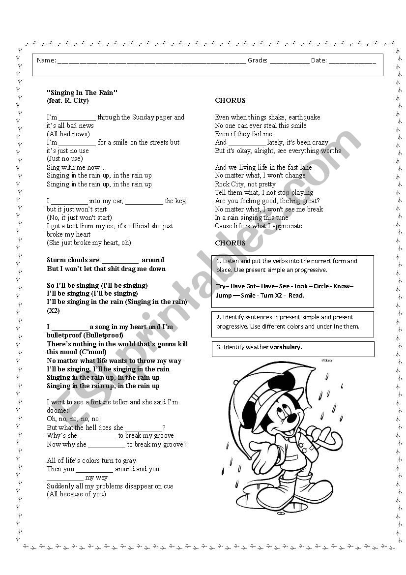 Singing in the rain worksheet