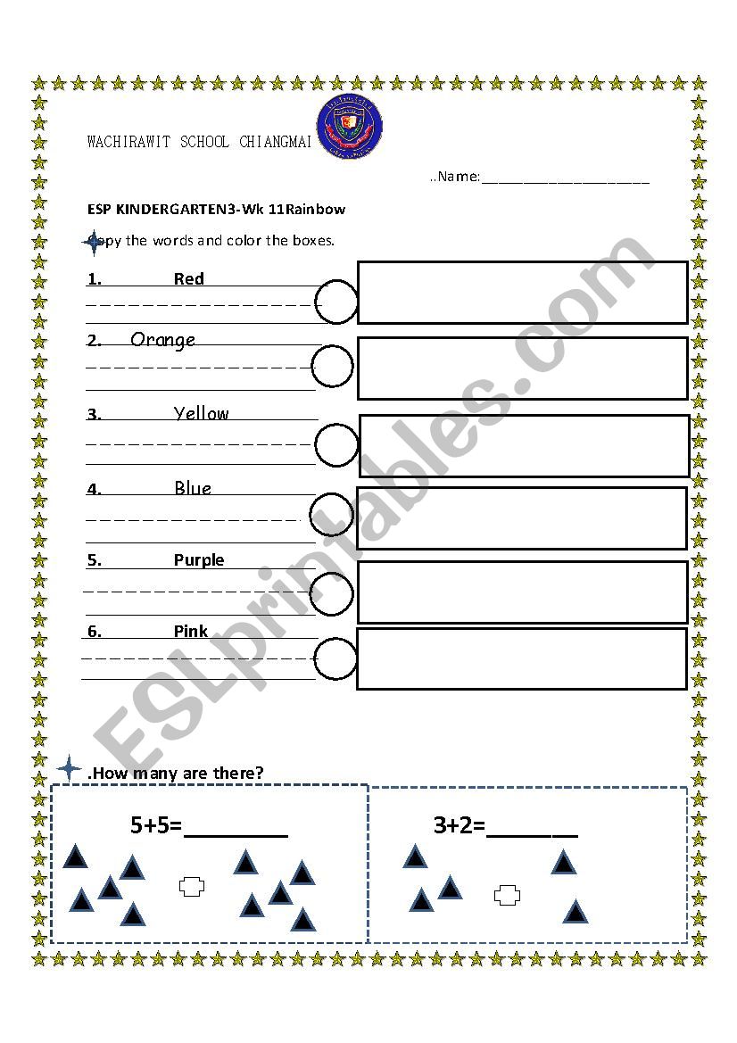 Rainbow colors,writing + Math worksheet