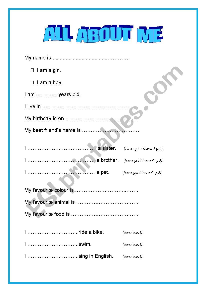 All about me and my family worksheet