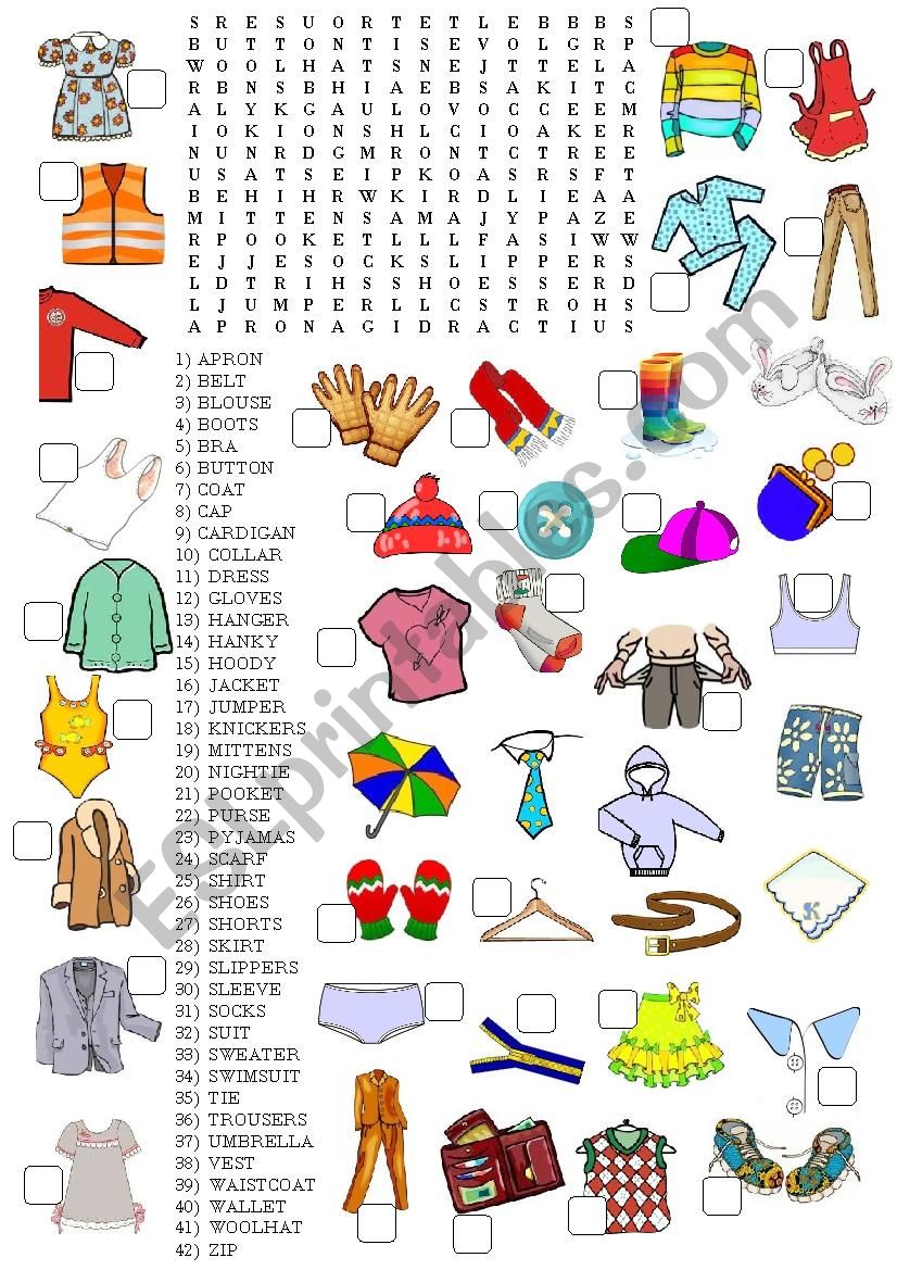 Clothes wordsearch worksheet