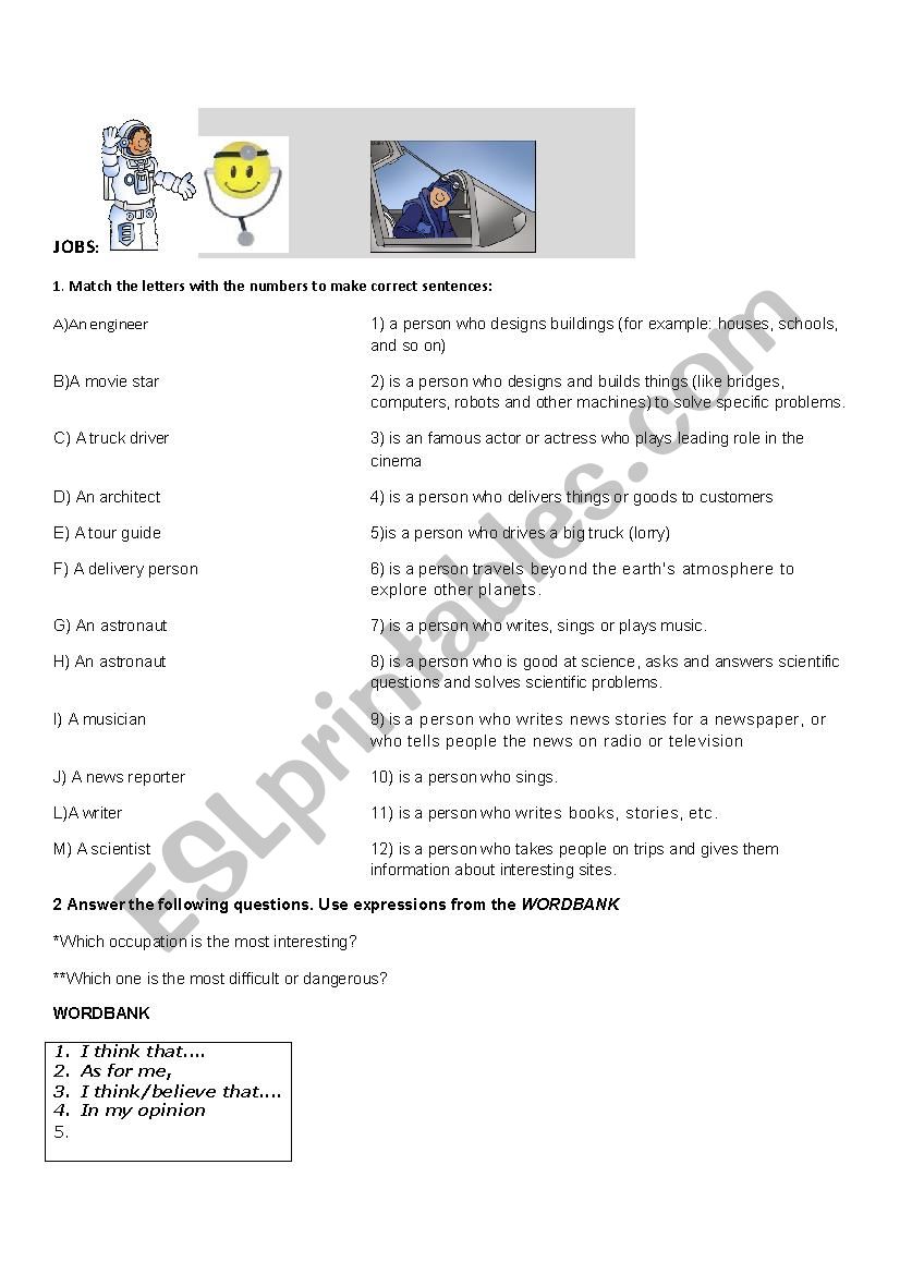 Jobs MATCHING  ACTIVITY worksheet