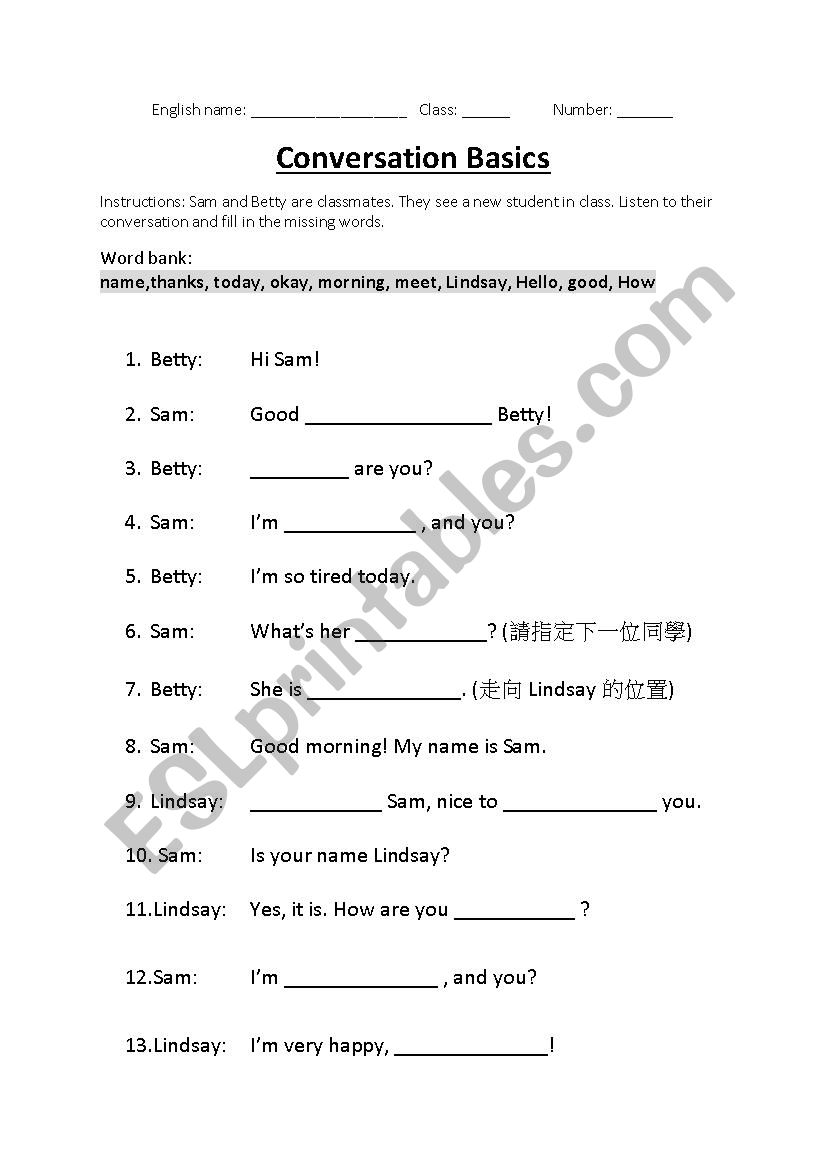 Conversation Basics- Cloze activity 