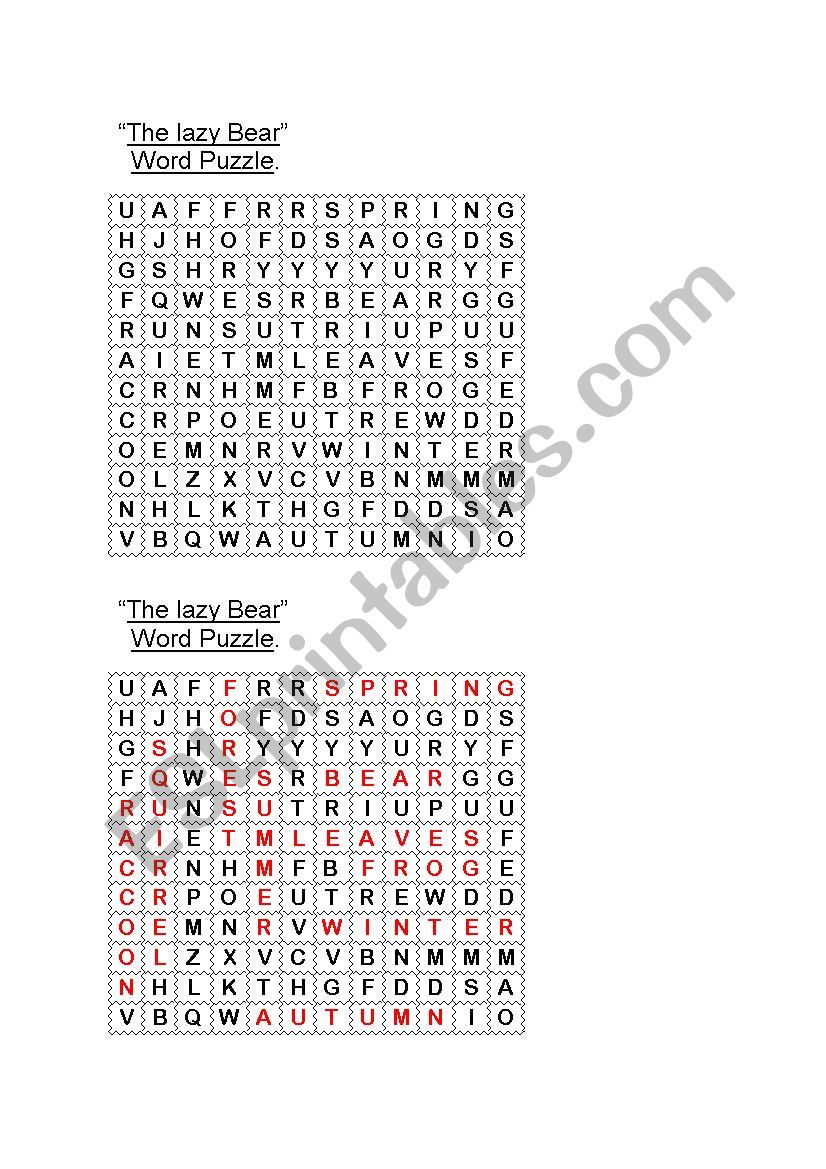 The Lazy Bear - Word Puzzle worksheet