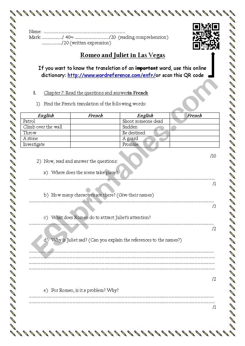 Romeo and Juliet in Las Vegas reading worksheet #5 (chapter 7 and 8)